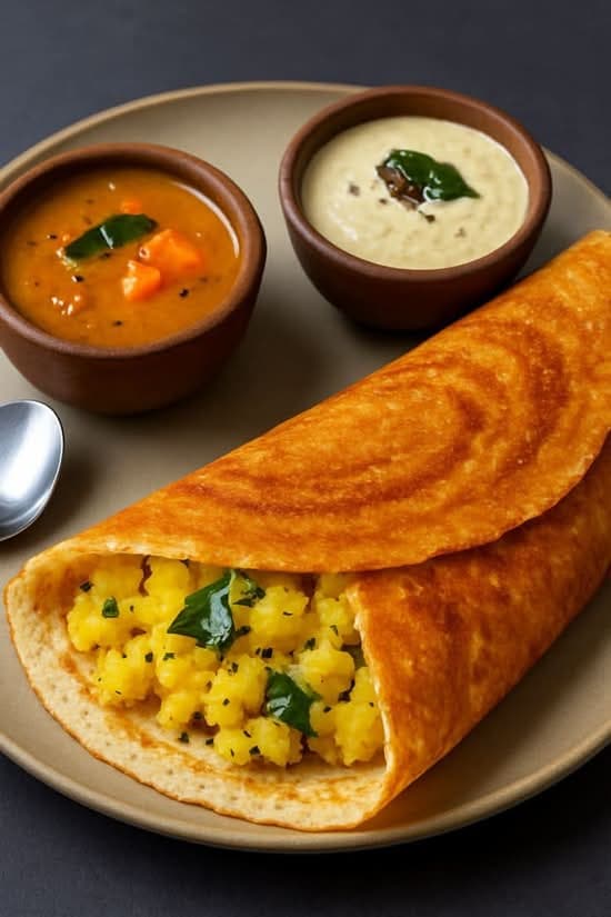 Crisp masala dosa served with a plate of accompaniments