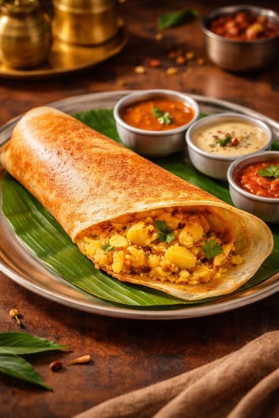 Dosa filled with a spiced mixed-vegetable masala